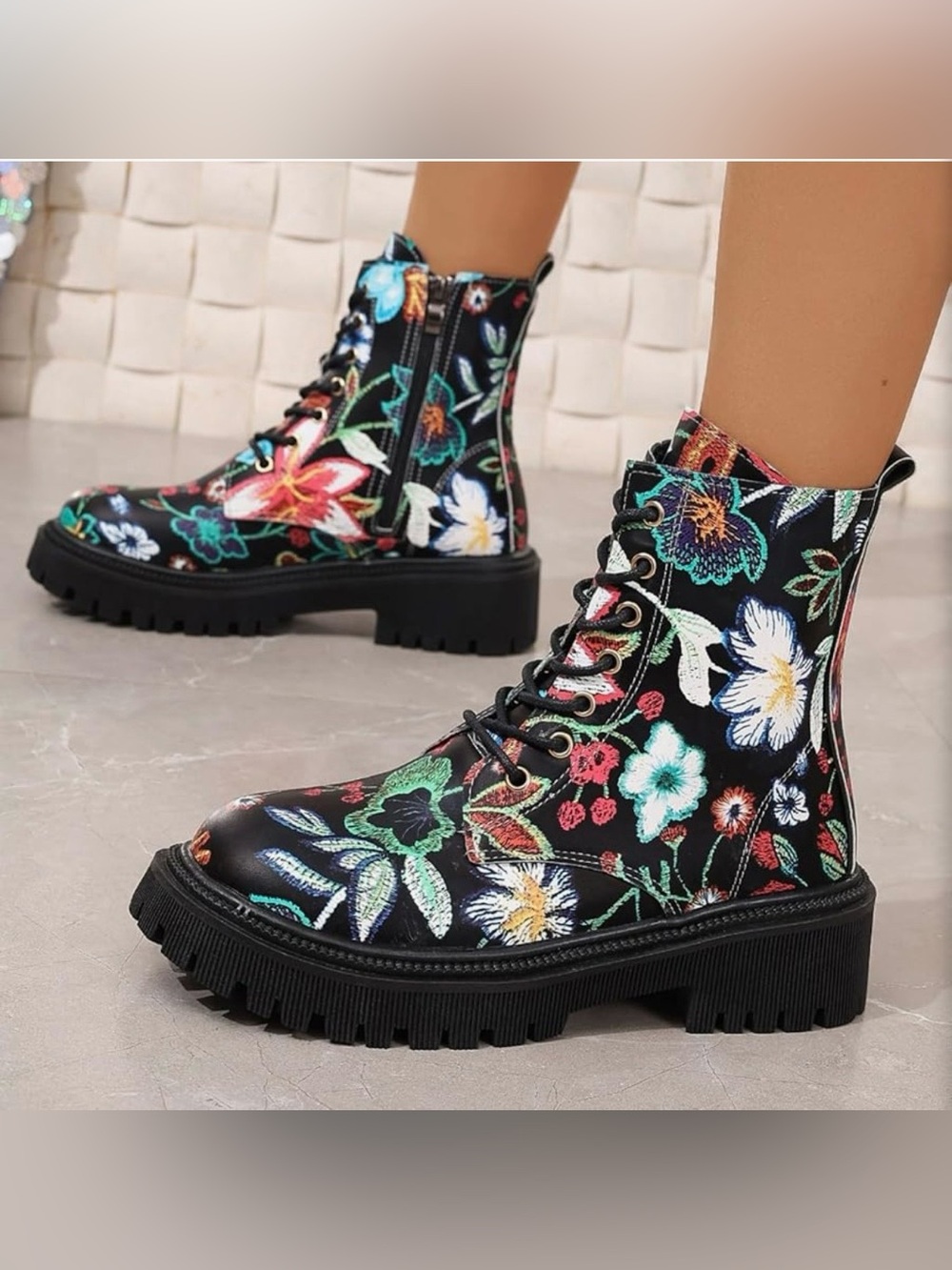 Floral Embroidered Lace-Up Combat Boots - Black